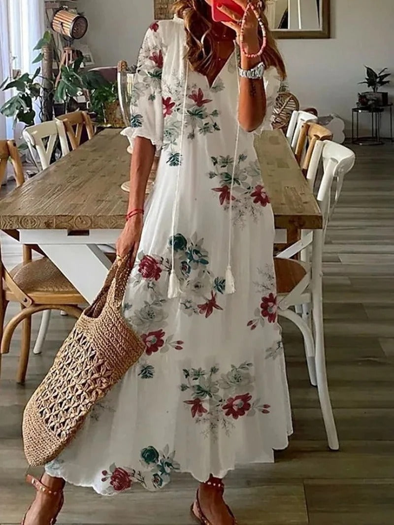 Bettina | Bohemian Maxi Dress Women V-Neck Summer Fit-Summer Dress-White-S-Camoufit