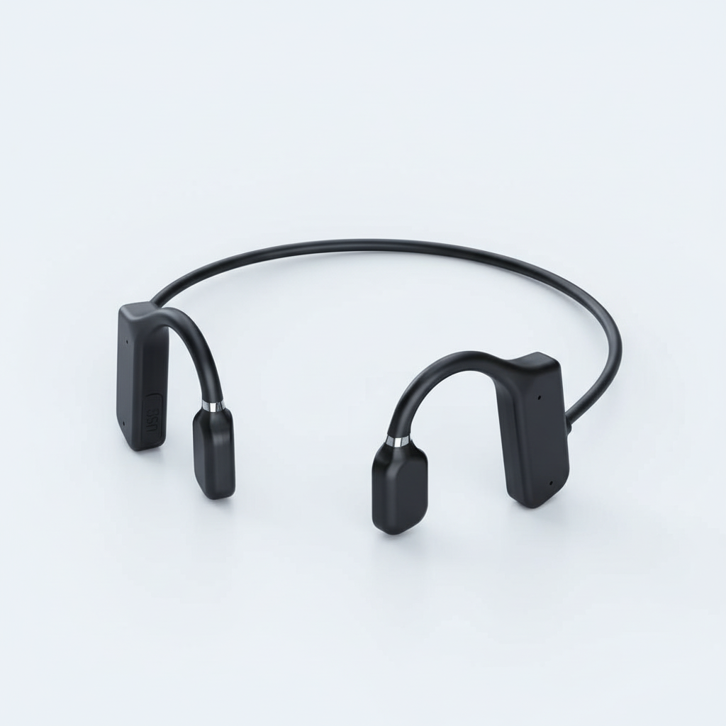 Black open-ear bone conduction wireless headphones with neck loop and inline control