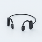 Black open-ear bone conduction wireless headphones with neck loop and inline control