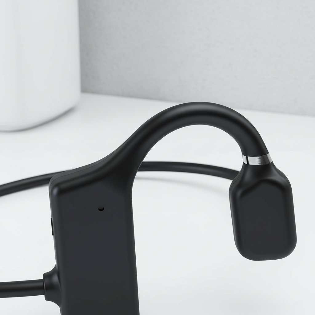 Black open-ear bone conduction headphones, compact speaker arms and headband