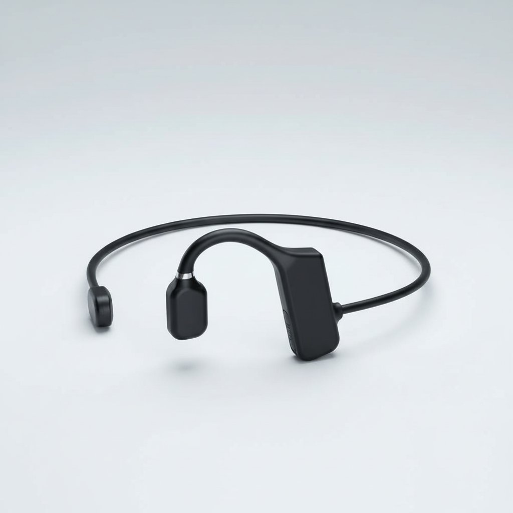 Black open-ear bone conduction wireless headphones, angled view of ear pieces