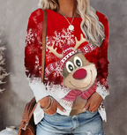 Red knit Christmas sweater with cartoon reindeer graphic and snowflake pattern, crewneck