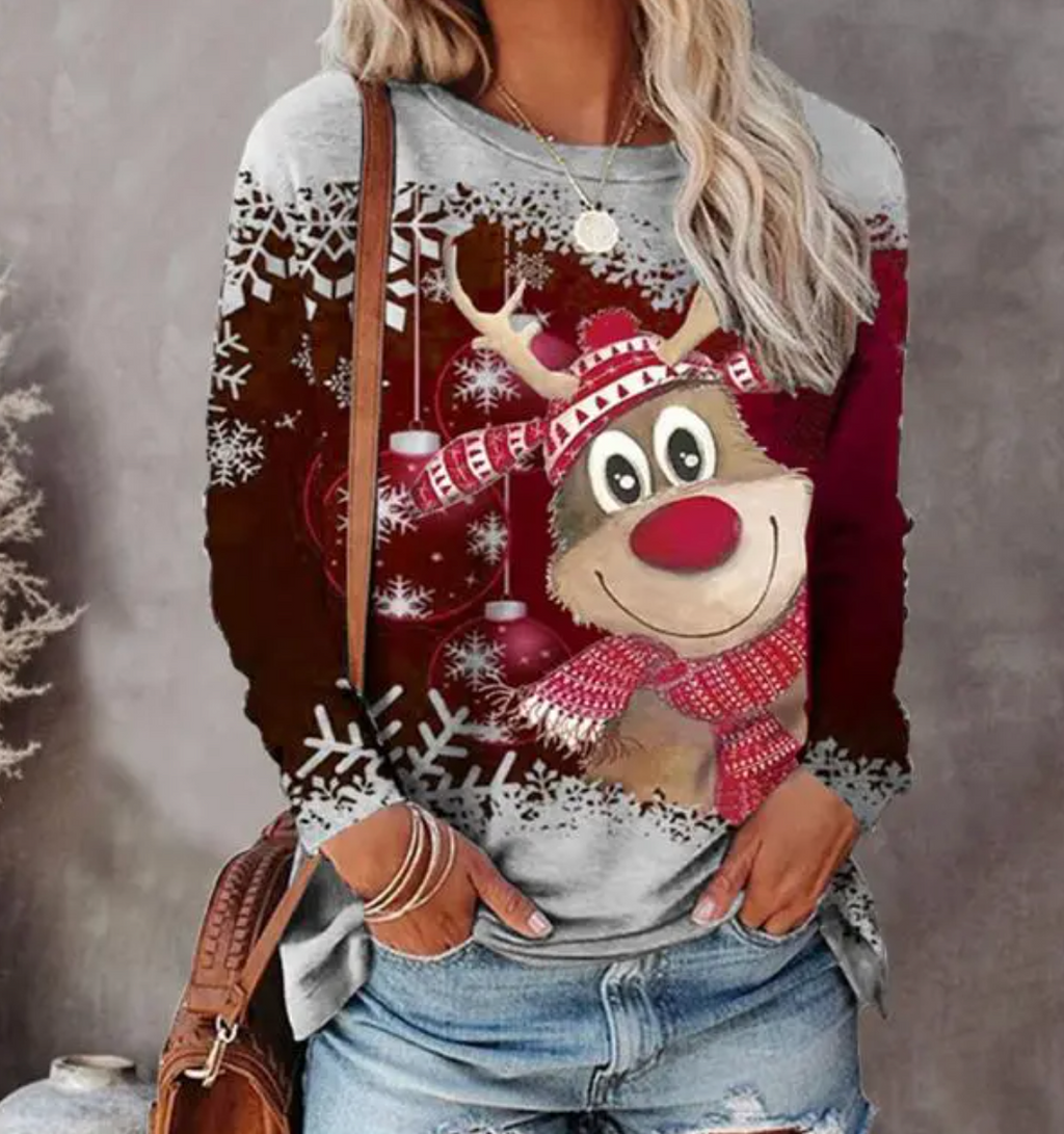 Heather gray Christmas sweater with reindeer cartoon, snowflakes, and red festive panel, crewneck