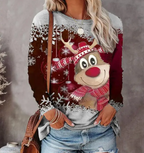 Heather gray Christmas sweater with reindeer cartoon, snowflakes, and red festive panel, crewneck