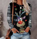 Black Christmas sweater with colorful reindeer head graphic, stars, and patterned snowflake sleeves
