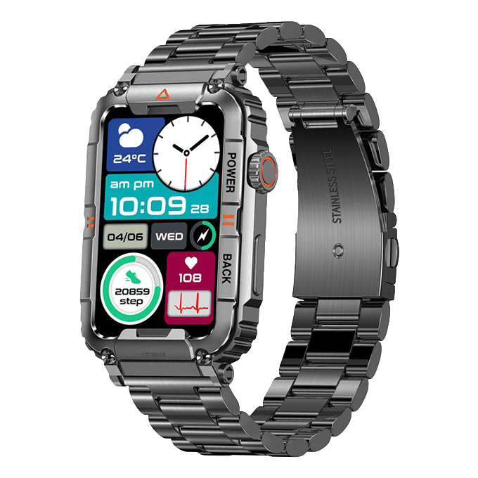 Black smartwatch with rectangular screen and dark metal link band