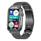 Black smartwatch with rectangular screen and dark metal link band
