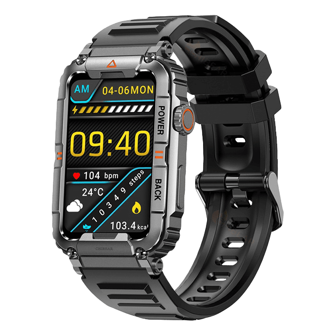 Black smartwatch with rectangular display and rugged black silicone strap
