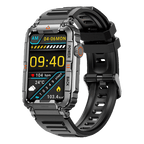 Black smartwatch with rectangular display and rugged black silicone strap
