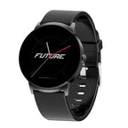 Black and silver fitness smartwatch with FUTURE logo on round display, silicone strap