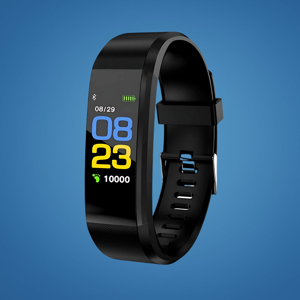 Black safety smartwatch with screen showing time and battery bars