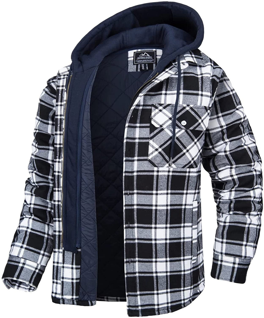 Plaid hooded jacket with warm lining, black-and-white plaid with navy hood.