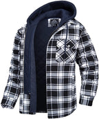 Plaid hooded jacket with warm lining, black-and-white plaid with navy hood.