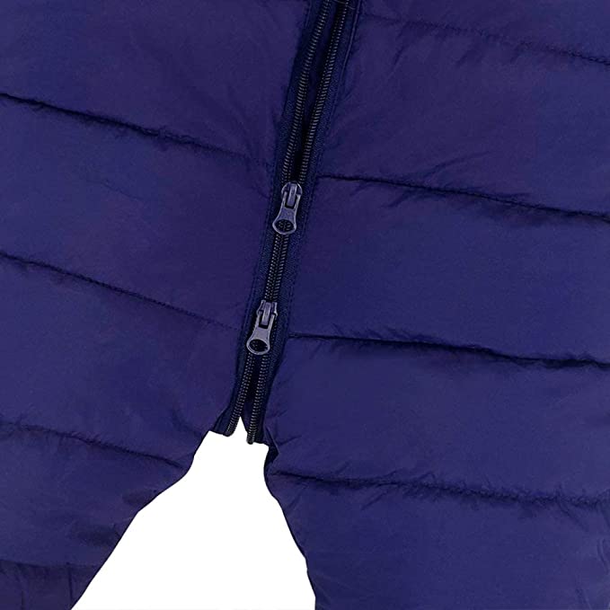 Navy baby snowsuit close-up of center zipper and padded quilted fabric
