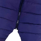 Navy baby snowsuit close-up of center zipper and padded quilted fabric