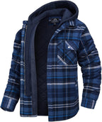 Plaid hooded jacket with warm lining, blue plaid with dark hood and pockets.