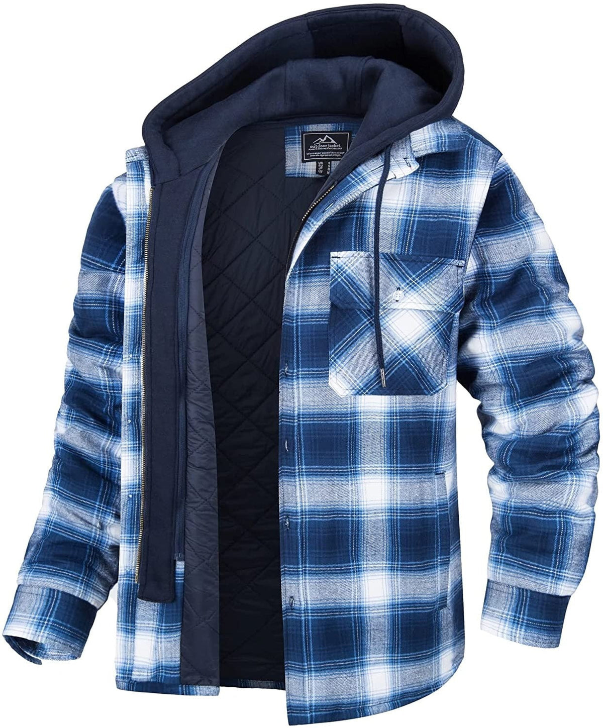 Plaid hooded jacket with warm lining, blue-and-white plaid with navy hood.