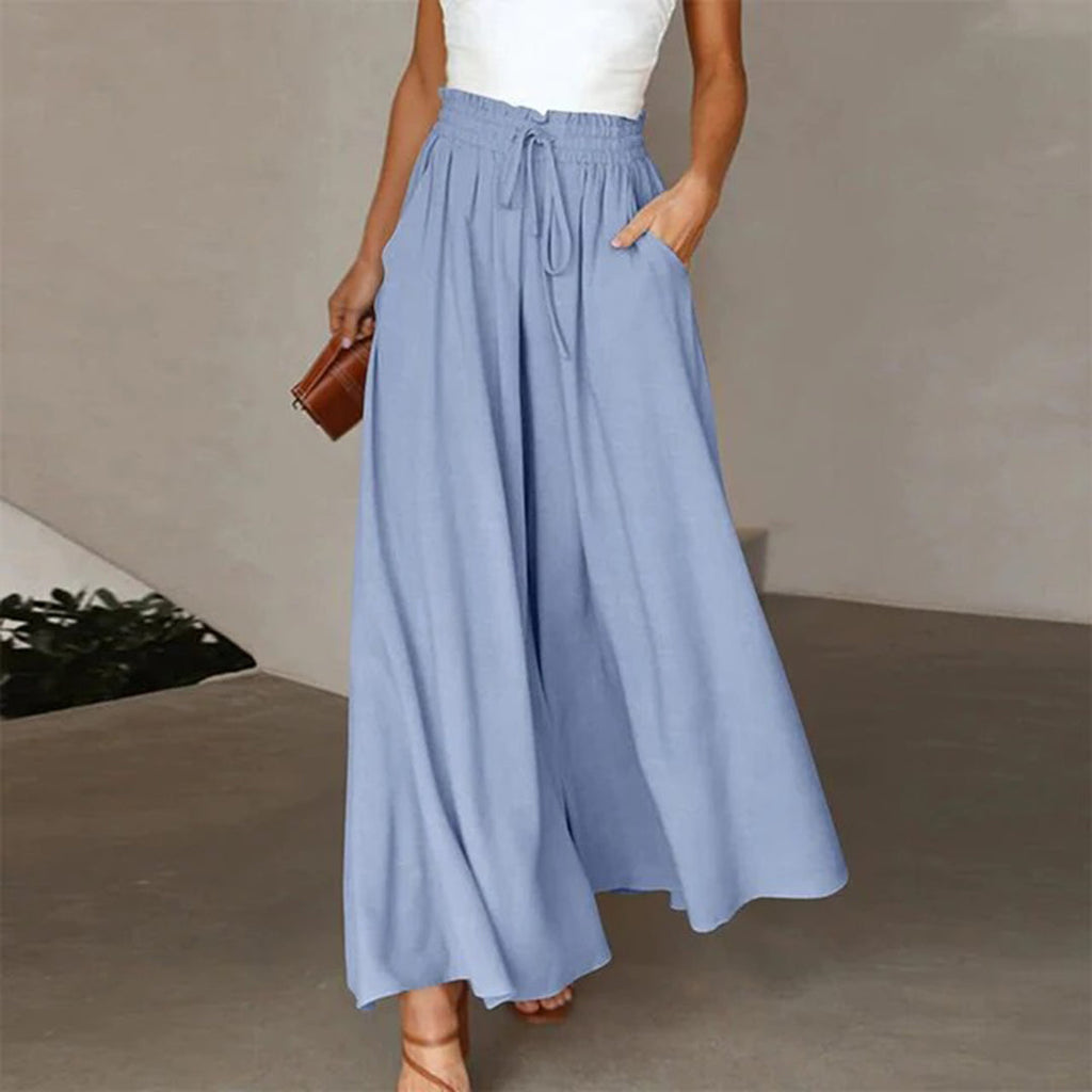 Isadora | High Waist Elastic Pants for Women - Drawstring A-Line Pockets Long Airy Fit-Women's Pants-Blue-S-Camoufit