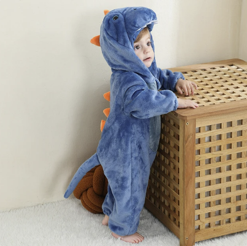 Blue shark animal onesie with hood, full-zip front and fin-shaped detail
