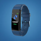 Blue safety smartwatch with step count and activity icons on screen