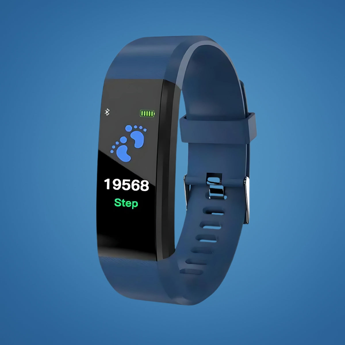 Blue safety smartwatch with step count and activity icons on screen