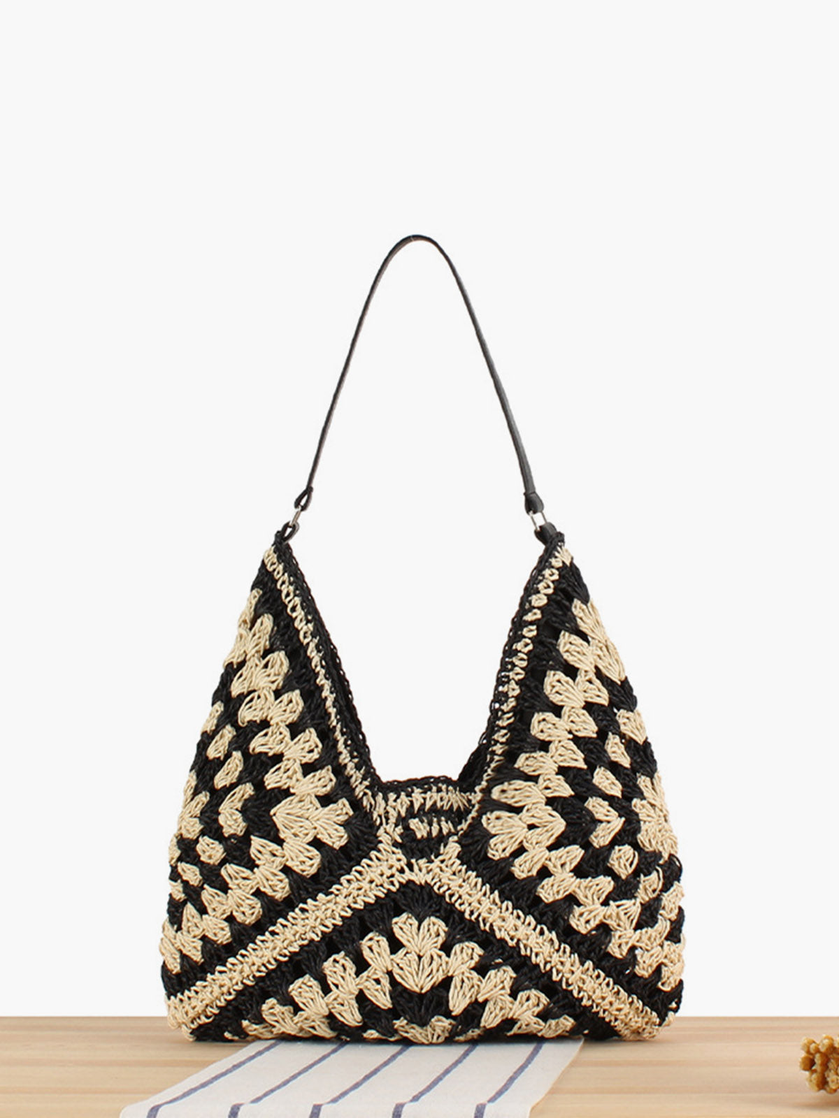 Eluné | Women's Boho Crochet Shoulder Bag Geometric Granny Square Triangular Beach Summer Handbag-Shoulder Bag-Black-Camoufit