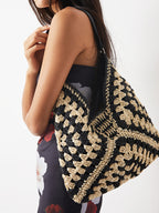Eluné | Women's Boho Crochet Shoulder Bag Geometric Granny Square Triangular Beach Summer Handbag-Shoulder Bag-Black-Camoufit