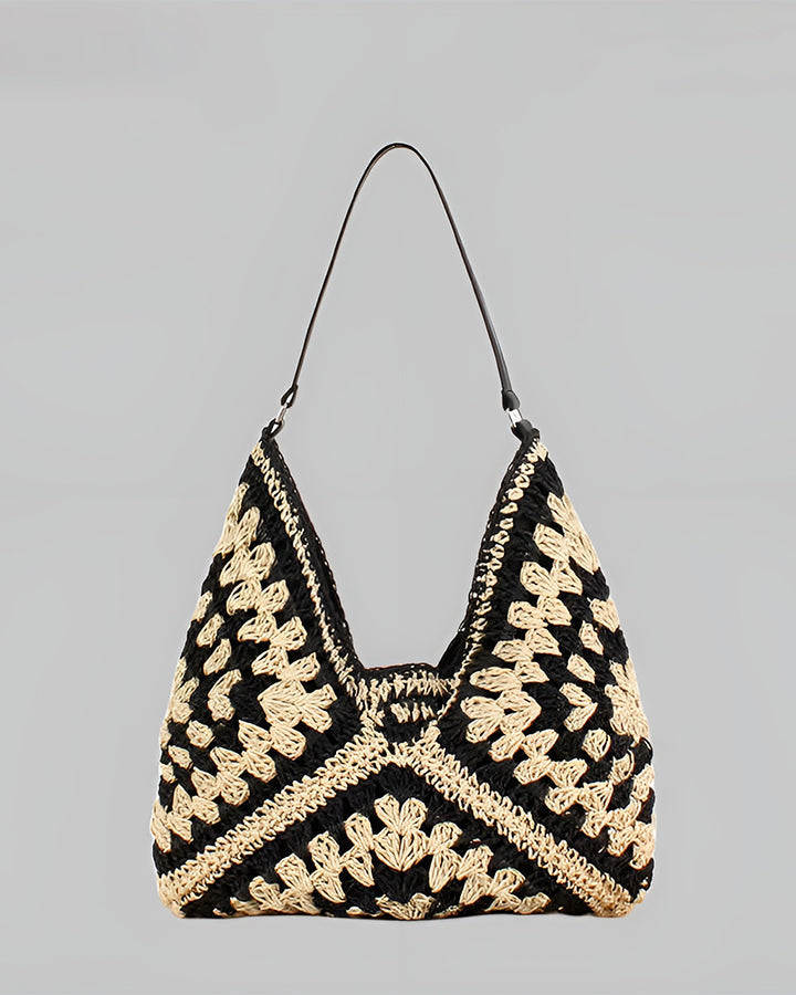 Eluné | Women's Boho Crochet Shoulder Bag Geometric Granny Square Triangular Beach Summer Handbag-Shoulder Bag-Black-Camoufit