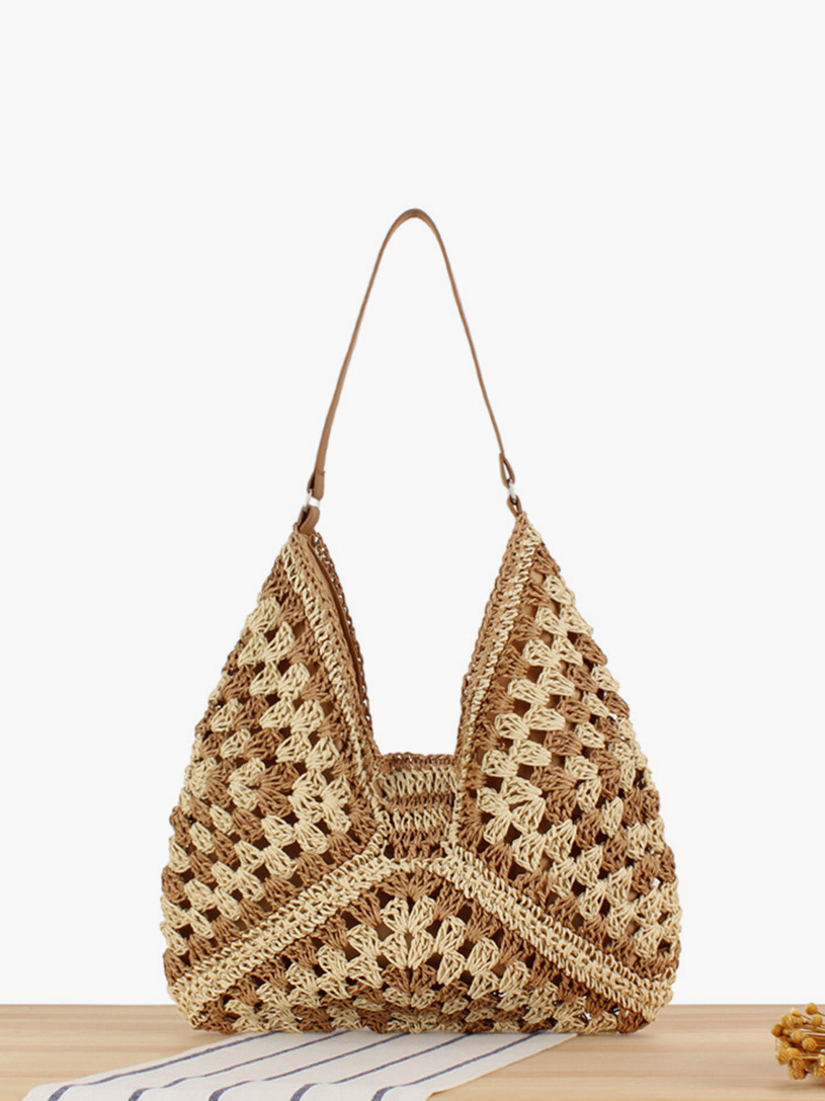 Eluné | Women's Boho Crochet Shoulder Bag Geometric Granny Square Triangular Beach Summer Handbag-Shoulder Bag-Brown-Camoufit