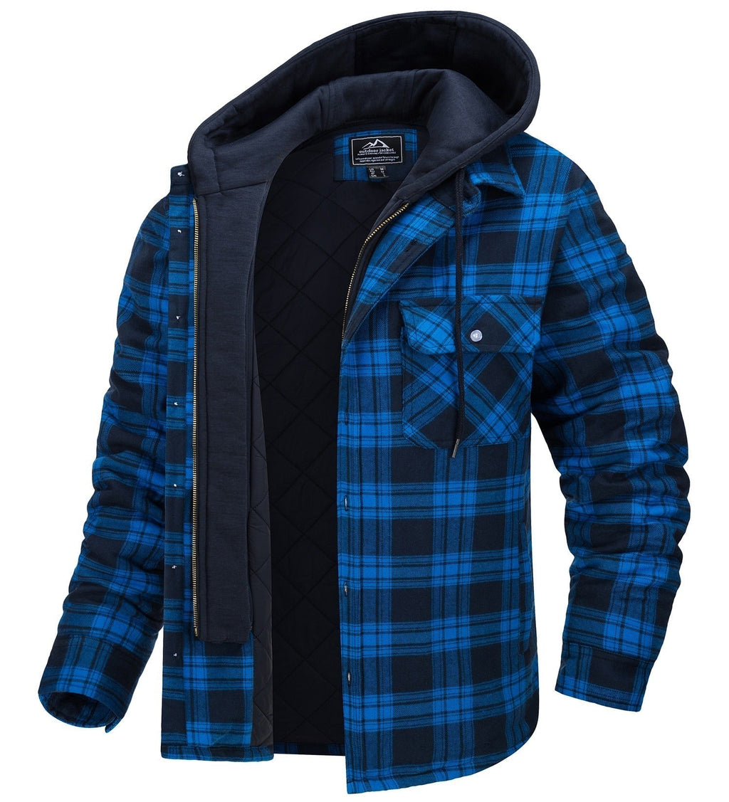 Plaid hooded jacket with warm lining, blue plaid with dark hood trim.