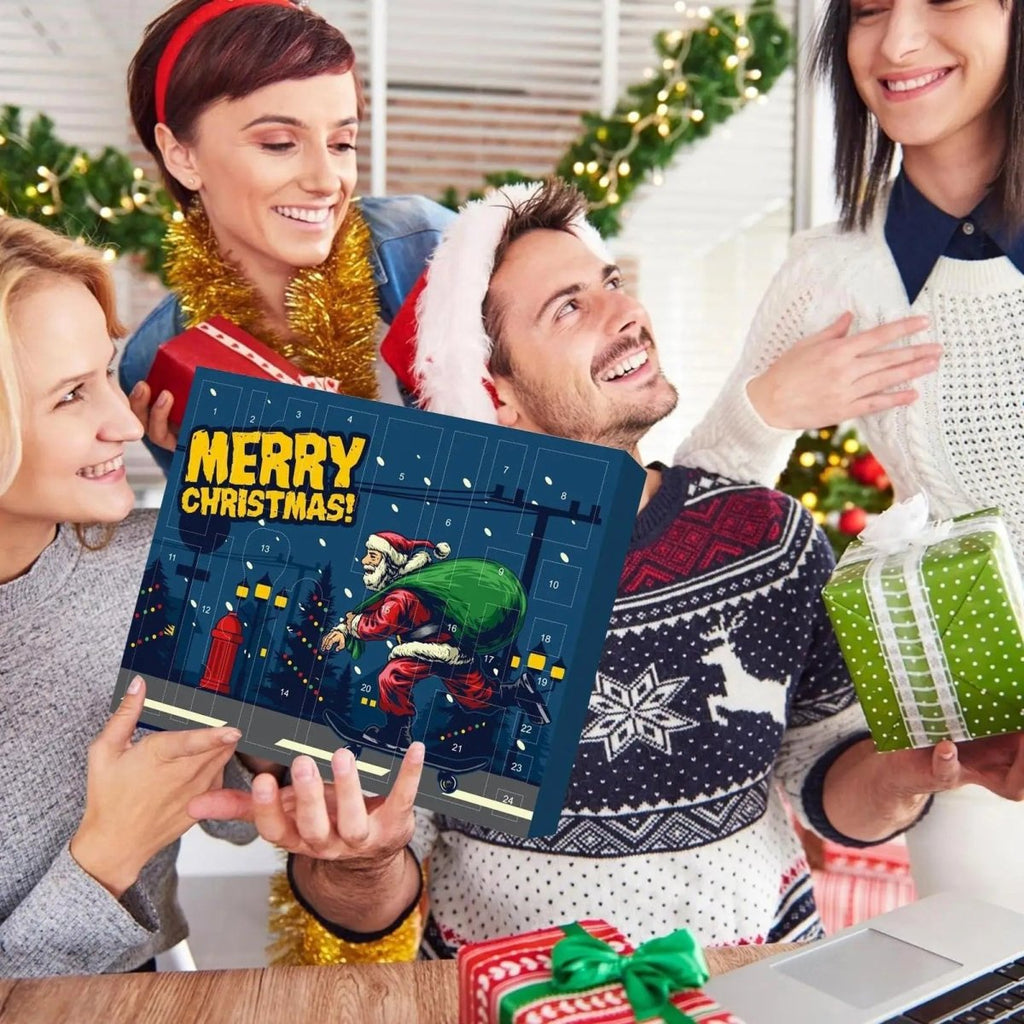 Blue Merry Christmas advent calendar held by people, with numbered doors and Santa