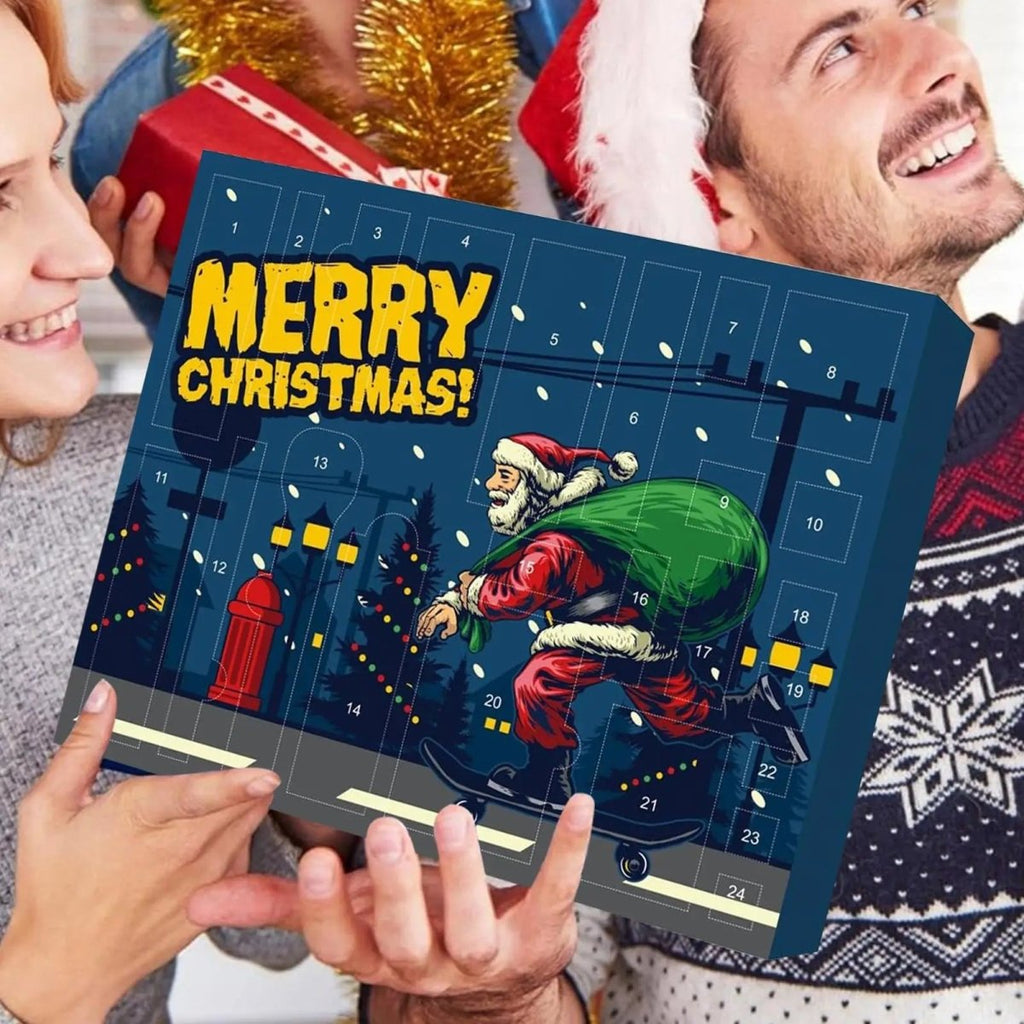 Blue Merry Christmas advent calendar close-up with numbered doors and Santa