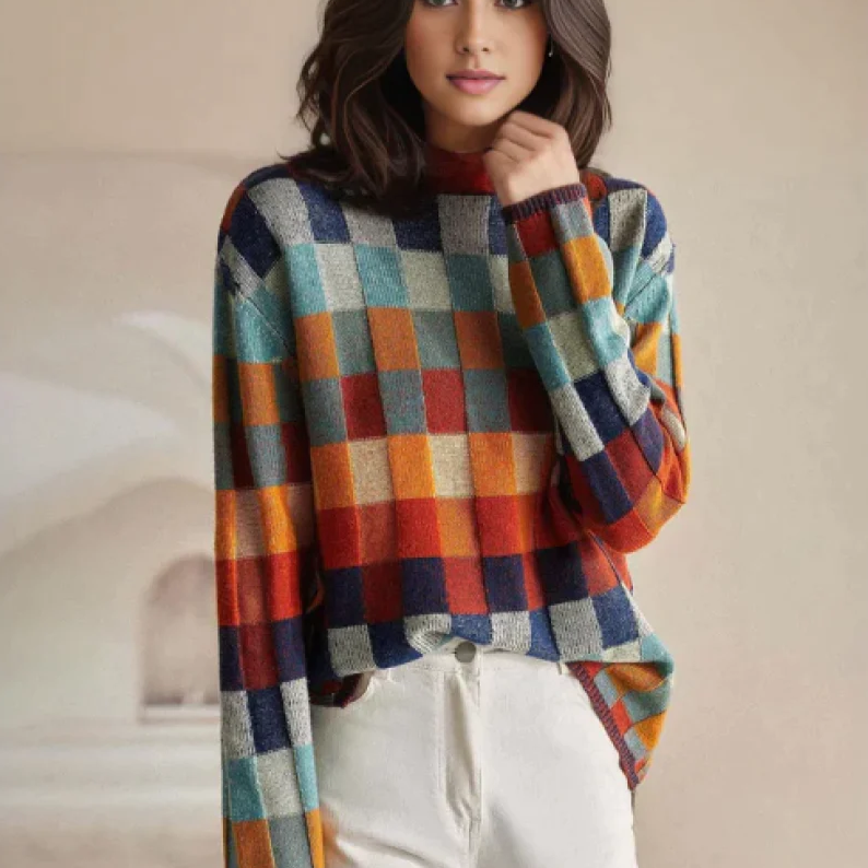 Amore | Women's Checked Sweater Relaxed Fit - Loose Plaid Knit Pullover Jumper with Crewneck & Long Sleeves for Fall & Winter