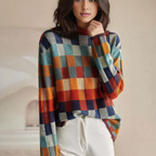Amore | Women's Checked Sweater Relaxed Fit - Loose Plaid Knit Pullover Jumper with Crewneck & Long Sleeves for Fall & Winter