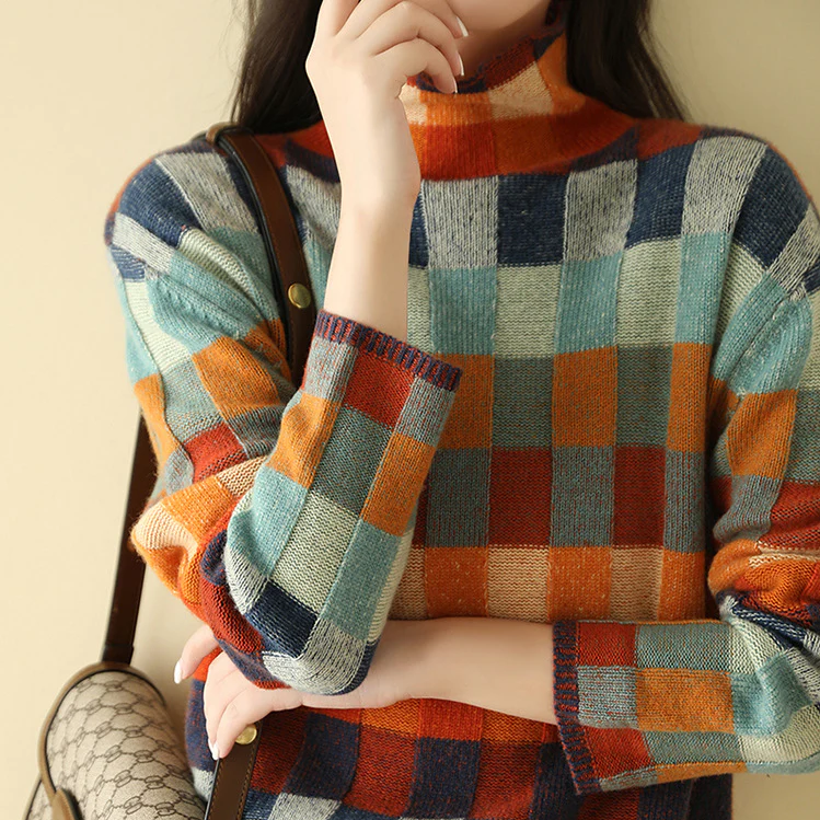 Amore | Women's Checked Sweater Relaxed Fit - Loose Plaid Knit Pullover Jumper with Crewneck & Long Sleeves for Fall & Winter