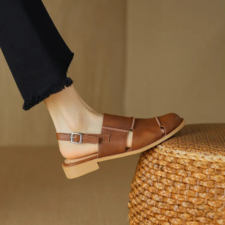 Women's Slingback Sandals with Buckle Strap Low Flat Heel Casual Everyday Shoes-Women's Sandals-Brown-4-