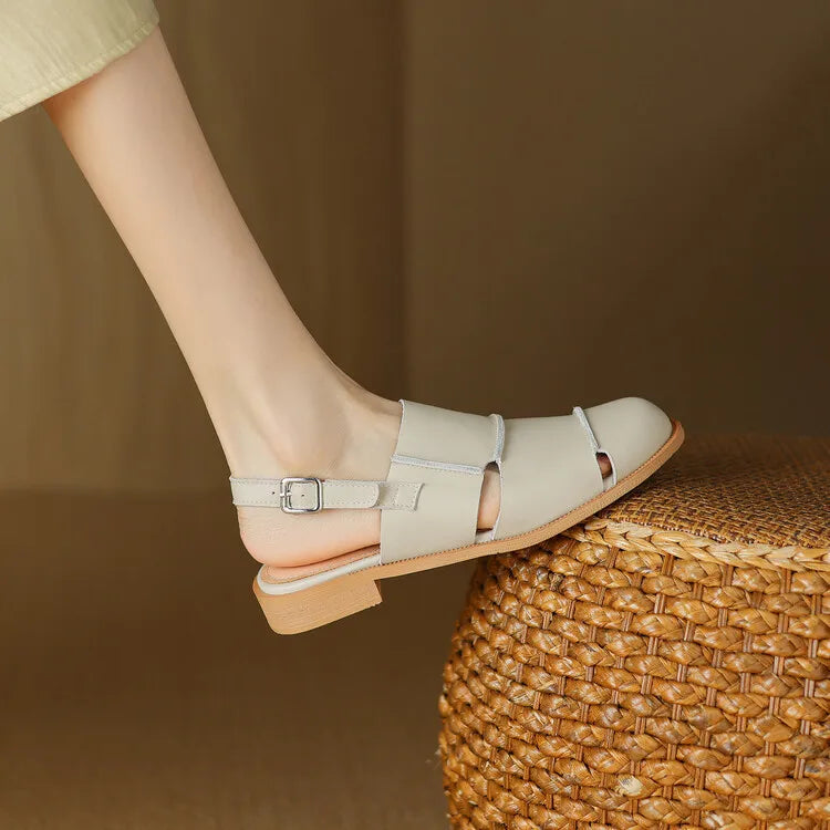 Women's Slingback Sandals with Buckle Strap Low Flat Heel Casual Everyday Shoes-Women's Sandals-Beige-4-
