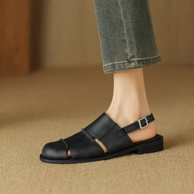 Women's Slingback Sandals with Buckle Strap Low Flat Heel Casual Everyday Shoes-Women's Sandals-Black-4-