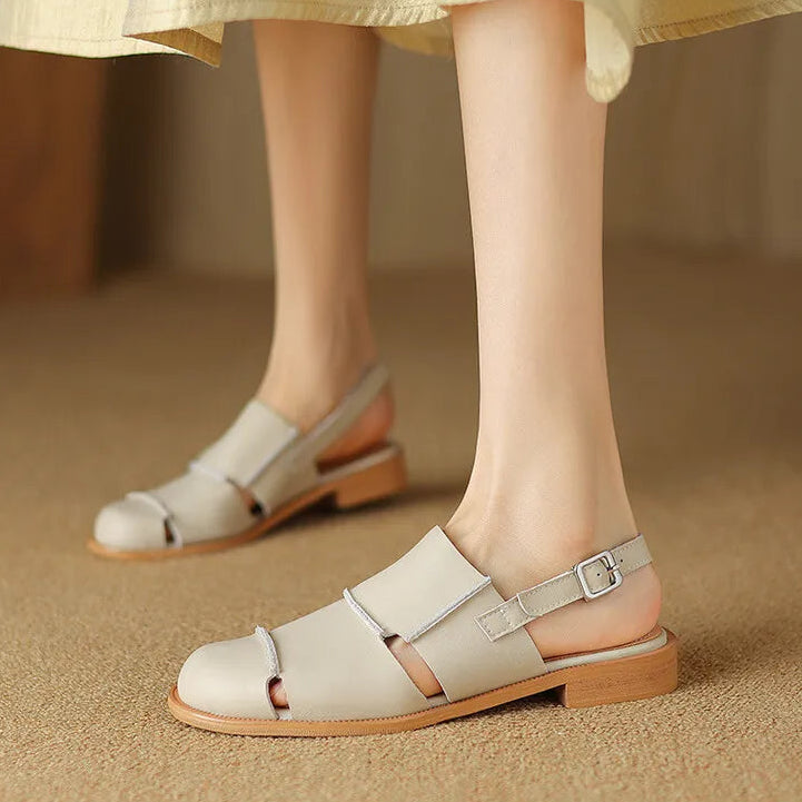 Women's Slingback Sandals with Buckle Strap Low Flat Heel Casual Everyday Shoes-Women's Sandals-Brown-4-