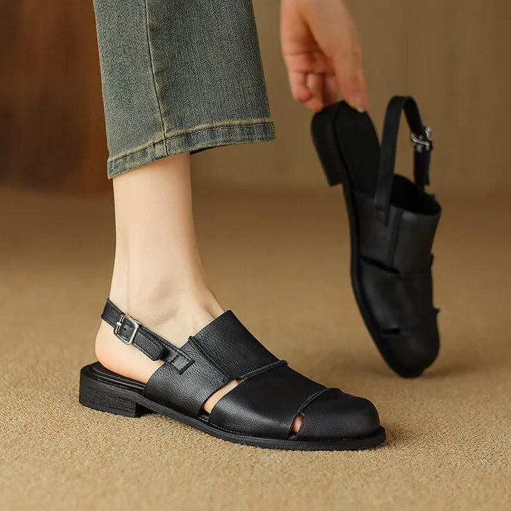 Women's Slingback Sandals with Buckle Strap Low Flat Heel Casual Everyday Shoes-Women's Sandals-Brown-4-