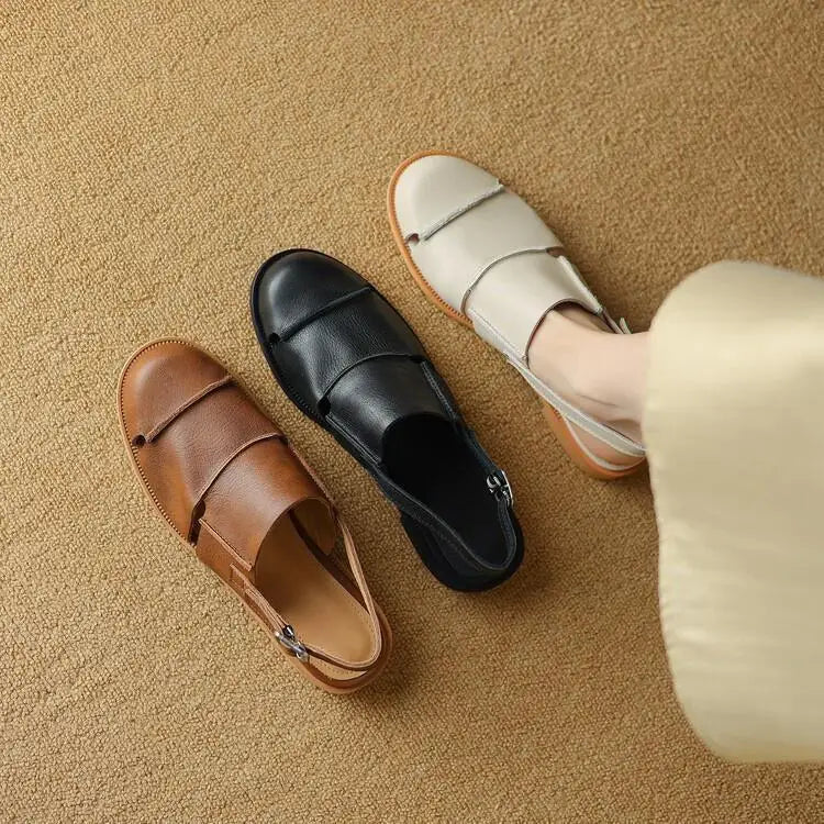Women's Slingback Sandals with Buckle Strap Low Flat Heel Casual Everyday Shoes-Women's Sandals-Brown-4-
