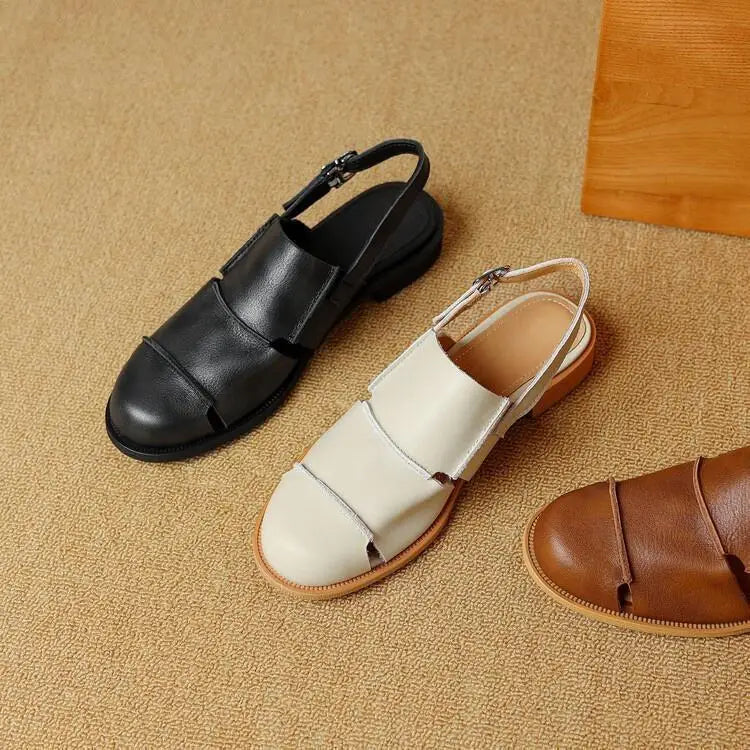 Women's Slingback Sandals with Buckle Strap Low Flat Heel Casual Everyday Shoes-Women's Sandals-Brown-4-