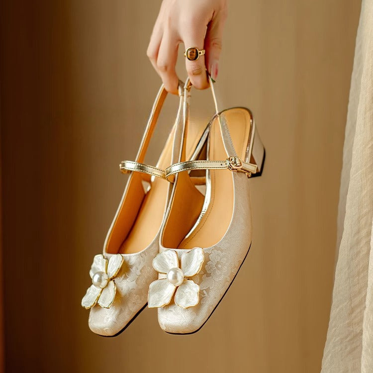 Bellune | Women's Slingback Pumps – Floral Block Heel Elegant Fit-Women's Heels-Gold-4-