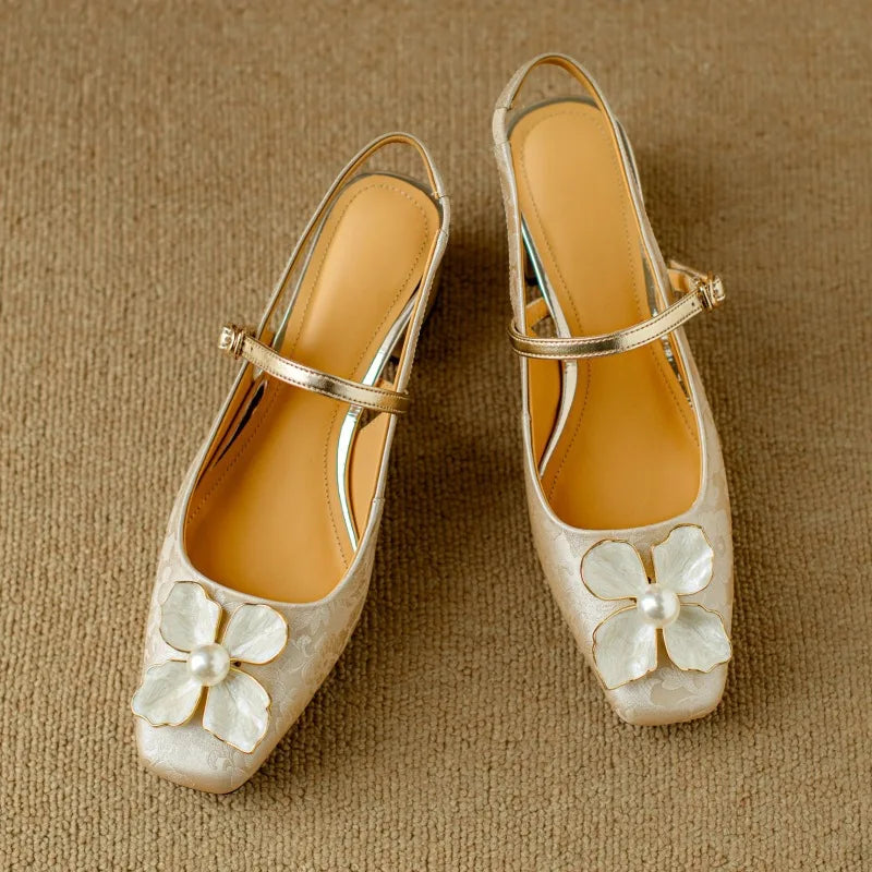 Bellune | Women's Slingback Pumps – Floral Block Heel Elegant Fit-Women's Heels-Gold-4-
