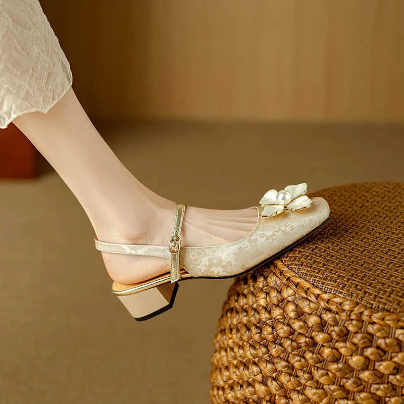 Bellune | Women's Slingback Pumps – Floral Block Heel Elegant Fit-Women's Heels-Gold-4-
