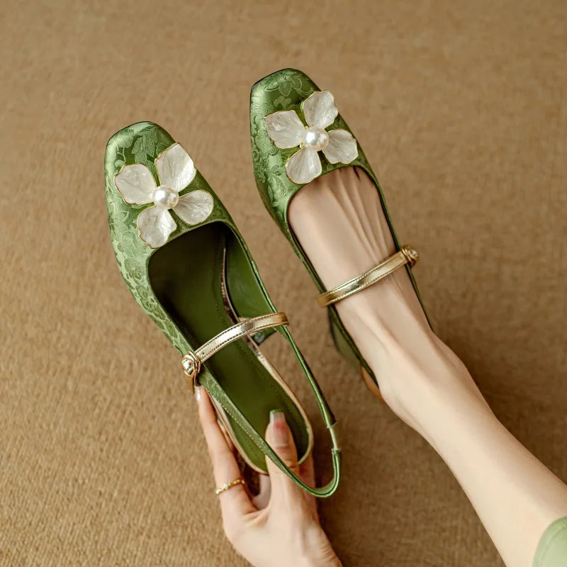 Bellune | Women's Slingback Pumps – Floral Block Heel Elegant Fit-Women's Heels-Green-4-
