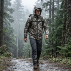 Men's camo softshell jacket with hood and front zipper