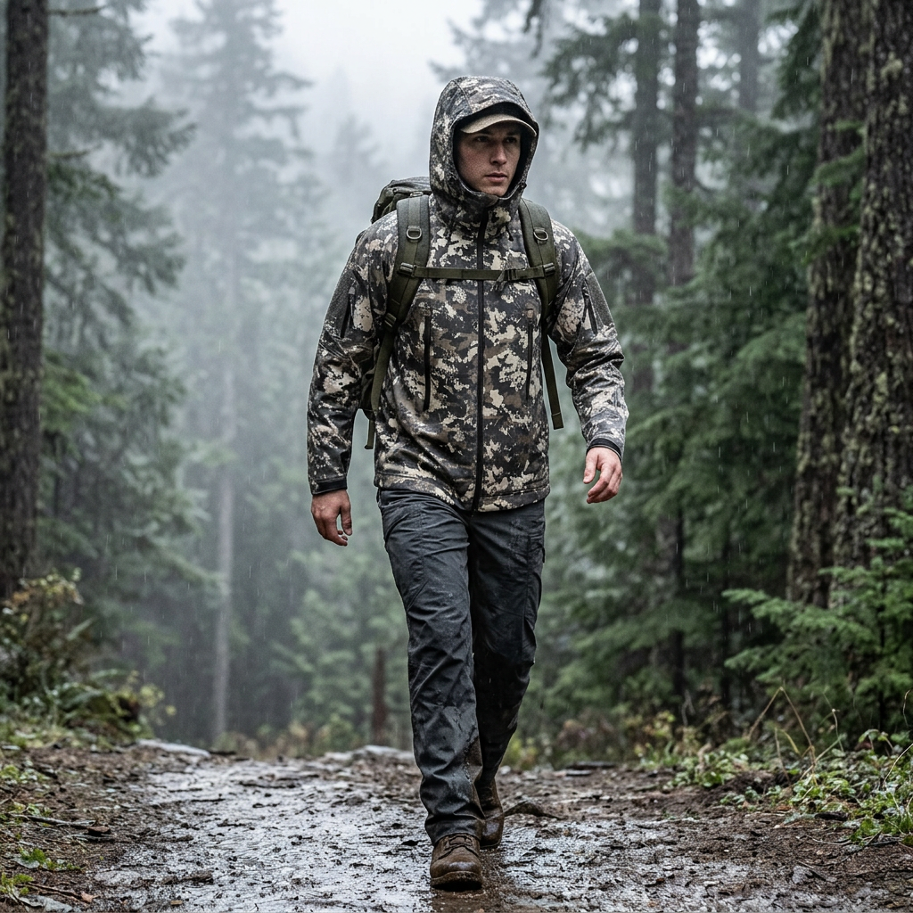 Men's camo softshell jacket with hood and front zipper