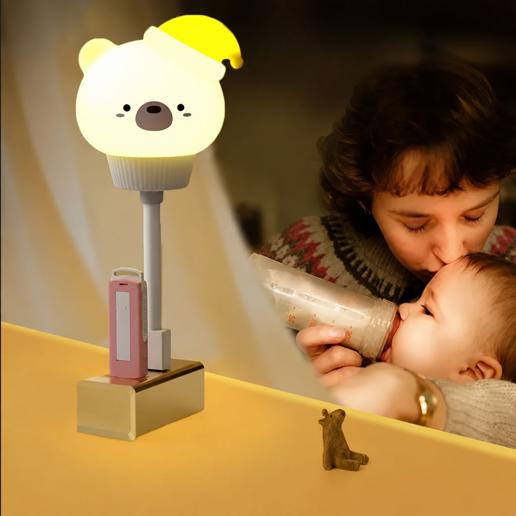 Silicone polar bear night light on bedside table, warm glow