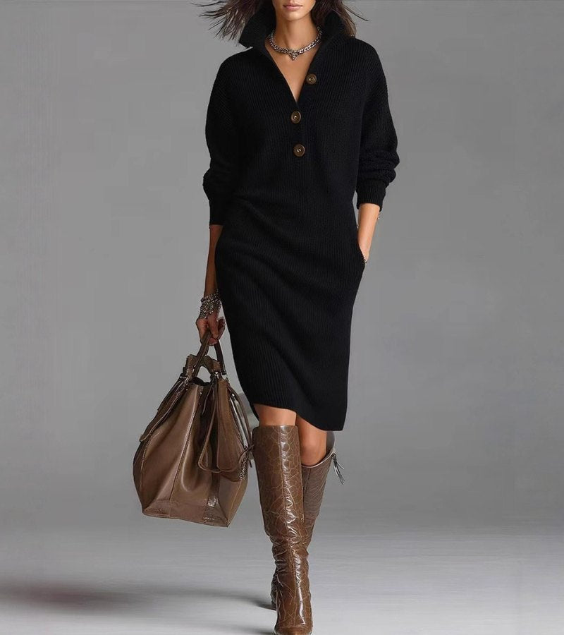 Carmen | Knit Dress Women Winter Warm Long Sleeve Elegant Fit-Knitted Dress-Black-S-Camoufit